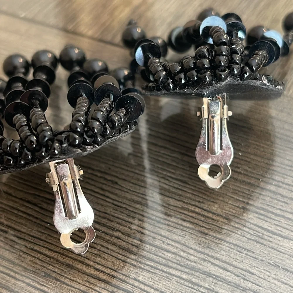 Vintage 80’s Black Sequin & Beaded Heart Clip Earrings